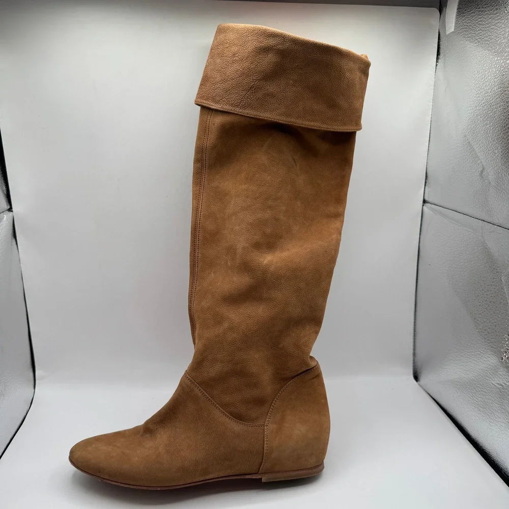 Over The Knee Boots Womens 38 Tan Brown Leather Flat Fold Over Cuff Italy